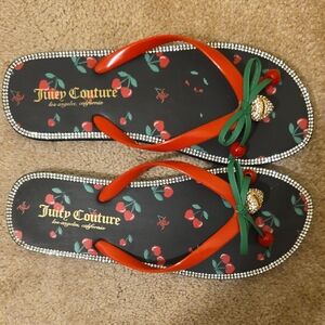 Juicy Couture Black Cherry Print Flip Flop Sandals with Red Straps